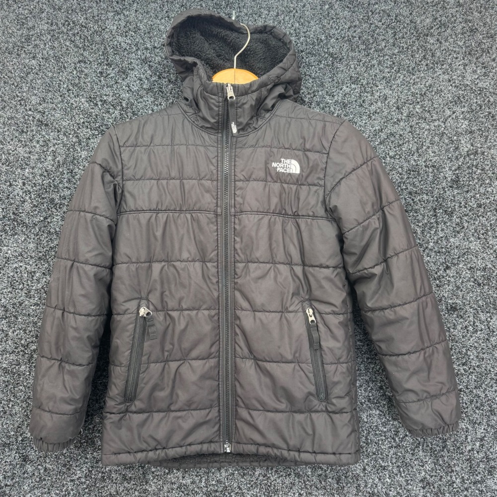The North Face Boys Black Reversible Mossbud Swirl Hooded Puffer Jacket Size L